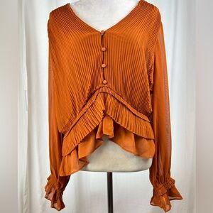 Pleated V-Neck Ruffle Blouse in Rust Orange